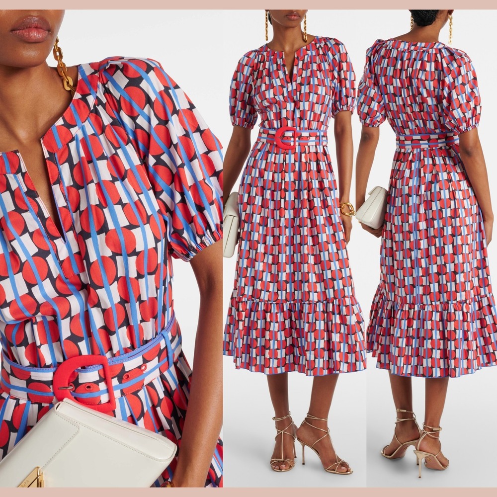 NEW Diane von Furstenberg [ 16 ] Lindy Geometric Puff Sleeve Midi Dress‎ J2202